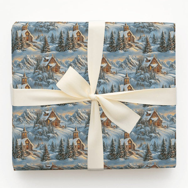 Winter Landscape Gift Wrap, Snowy Mountain Village Wrapping Paper, Christmas Wrapping Paper Roll, Comfy Chalet Holiday Presen