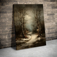 Snowy Cabin Night Landscape Print, Winter Forest Canvas Wall Art, Moody Rustic Path Poster, Christmas Home Decor Digital Download