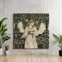 Victorian Holly Berry Damask Canvas, Christmas Angel Square Canvas Wall Art, Holiday Religious Wall Art, Vintage Xmas Canvas Print