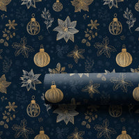 Navy Blue Christmas Gift Wrap, Gold Poinsettia Wrapping Paper, Elegant Botanical Holiday Present Paper, Winter Snowflake Wrapping Paper