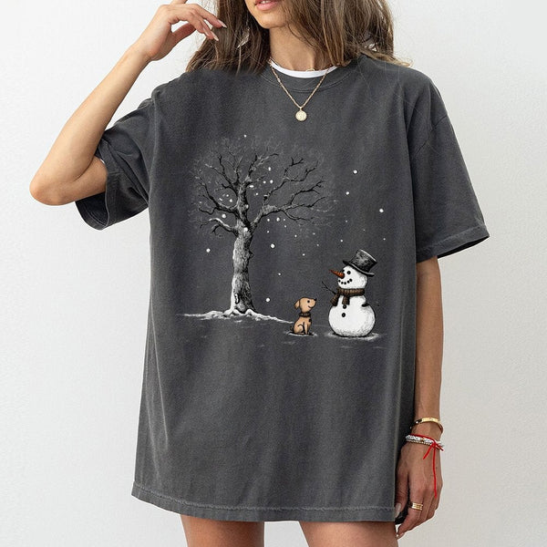 Adorable Winter Dog Graphic Tee, Snowman and Puppy T-Shirt, Festive Holiday Season Shirt, Vintage Christmas Puppy Lover Prese