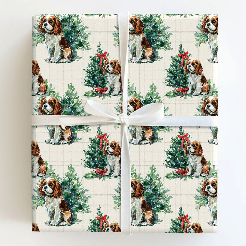 Christmas Tree Dog Gift Wrap, Cavalier King Charles Wrapping Paper, Watercolor Spaniel Wrapping Paper, Holiday Dog Lover Gift Wrapping Paper