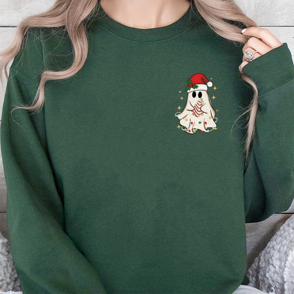 Adorable Holiday Ghost Crewneck, Christmas Ghost Sweatshirt, Festive Xmas Ghost Pocket Sweater, Spooky Christmas Pullover, Ad