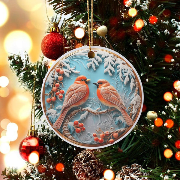 Winter Birds on Snowy Branch Ornament, Cardinal Christmas Ornament, Red Cardinal Bird Holiday Ornament, Bird Lover Ceramic Ke