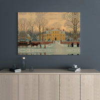 Snowy Landscape Horse Sleigh Wall Art, Colonial Winter Mansion Canvas Print, Traditional Holiday Canvas, Vintage Christmas Wall Decor