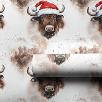 Santa Hat Buffalo Gift Wrap, Bison Christmas Wrapping Paper, Watercolor Animal Holiday Wrapping Paper, Winter Wildlife Gift Wrapping Paper