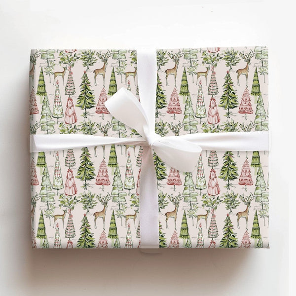 Watercolor Pine Tree Gift Wrap, Woodland Reindeer Wrapping Paper, Vintage Christmas Gift Wrapping Paper, Rustic Holiday Paper