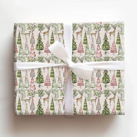 Watercolor Pine Tree Gift Wrap, Woodland Reindeer Wrapping Paper, Vintage Christmas Gift Wrapping Paper, Rustic Holiday Paper Roll