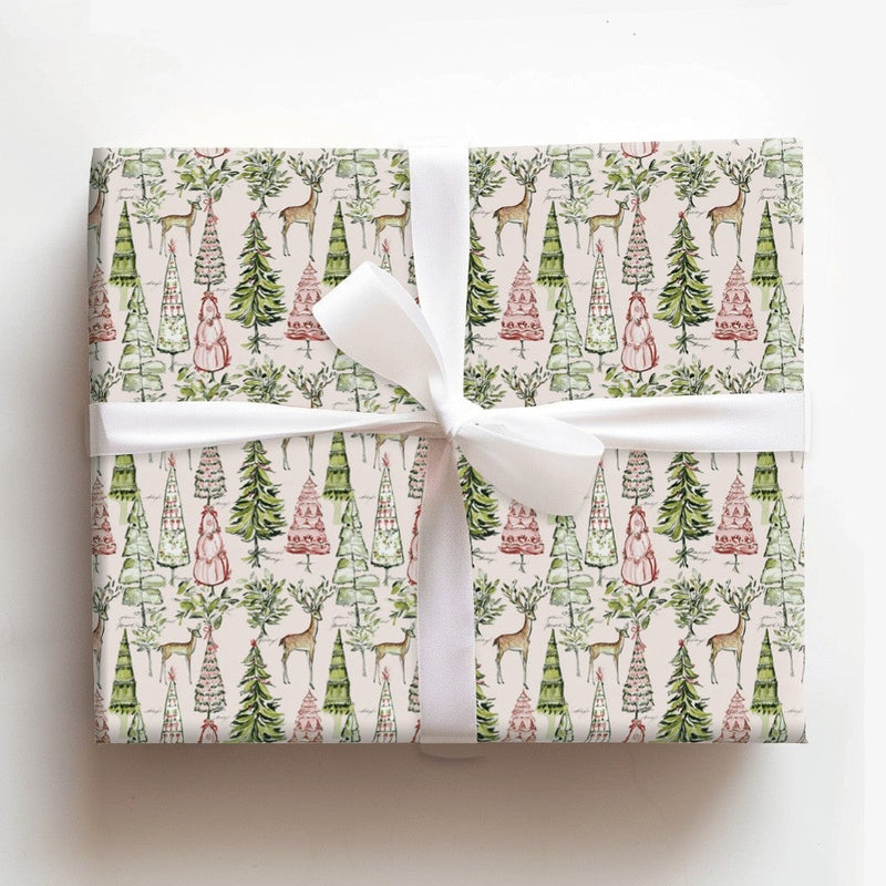 Watercolor Pine Tree Gift Wrap, Woodland Reindeer Wrapping Paper, Vintage Christmas Gift Wrapping Paper, Rustic Holiday Paper Roll