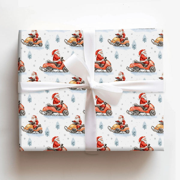 Watercolor Snowmobile Santa Gift Wrap, Snowmobile Santa Wrapping Paper, Winter Adventure Santa Wrapping Paper, Christmas Holi