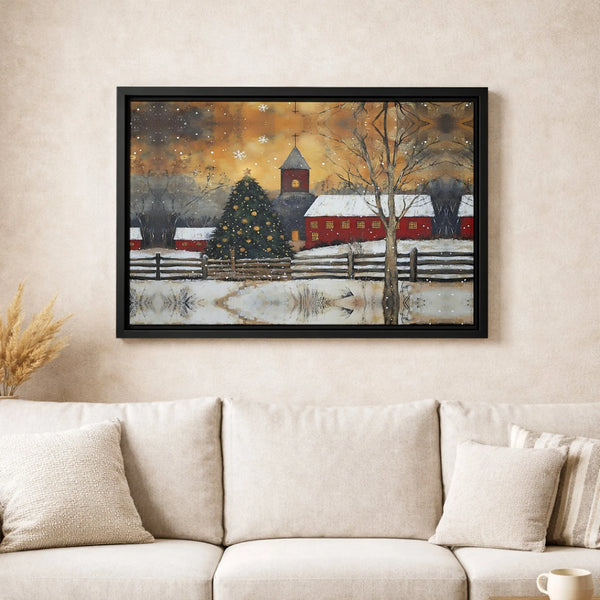 Snowy Red Church Landscape Print, Winter Christmas Village Canvas Wall Art, Comfy Holiday Canvas Art, Rustic Winter Wall Deco