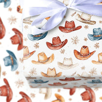 Western Holiday Gift Wrap, Watercolor Cowboy Hat Wrapping Paper, Rustic Country Christmas Present Wrap, Snowflake Festive Present Paper