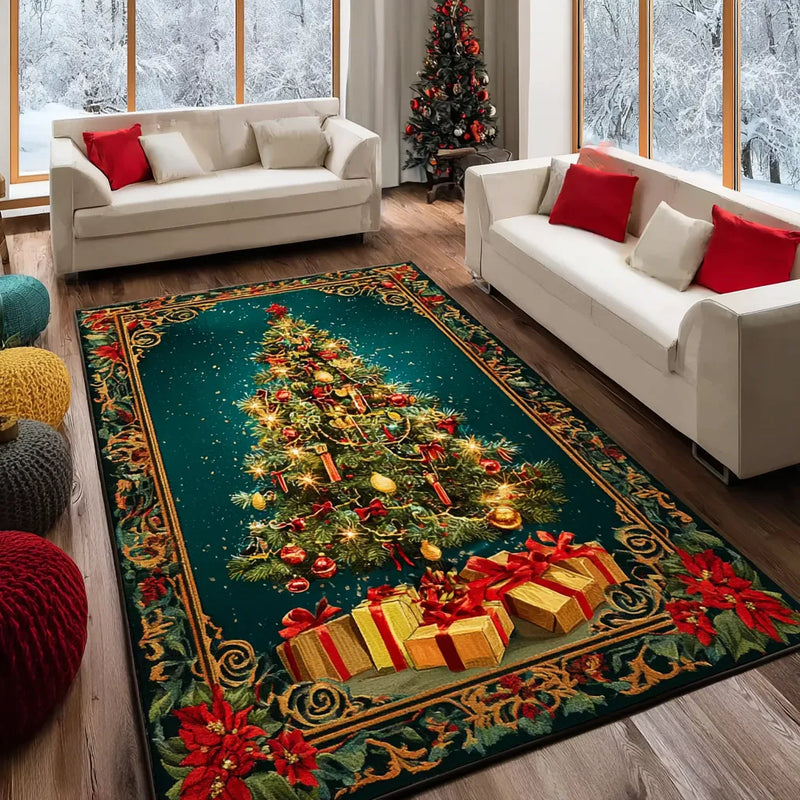 Holiday Poinsettia Area Rug, Vintage Christmas Tree Area Rug, Festive Presents Floor Rug, Comfy Winter Living Room Rug