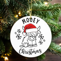 Adorable Santa Hat Cow Ornament, Mooey Christmas Highland Cow Ornament, Ceramic Holiday Keepsake, Farmhouse Christmas Tree Ornament, Xmas Present