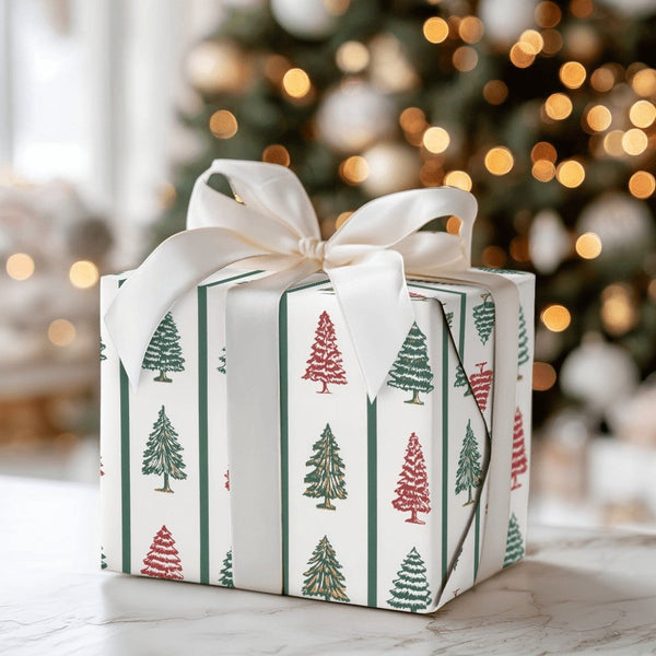 Red Green Pine Tree Gift Wrap, Striped Christmas Tree Wrapping Paper, Classic Holiday Present Paper, Traditional Striped Gift