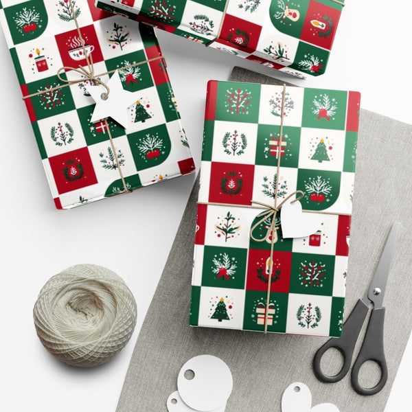 Checkerboard Holiday Icons Gift Wrap, Folk Art Christmas Wrapping Paper, Retro Xmas Wrapping Paper, Festive Winter Present Wr
