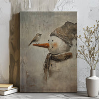 Painterly Winter Bird Carrot Nose Canvas Print, Snowman with Bird Canvas Wall Art, Christmas Holiday Decor, Festive Home Wall Art
