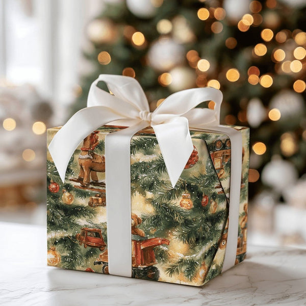 Teddy Bear Rocking Horse Gift Wrap, Vintage Toy Christmas Wrapping Paper, Nostalgic Xmas Wrapping Paper Roll, Retro Holiday G