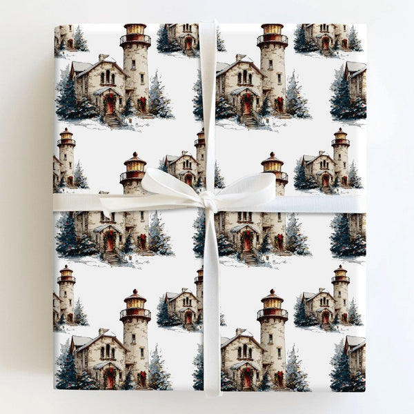Coastal Winter Gift Wrap, Watercolor Christmas Lighthouse Wrapping Paper, Nautical Holiday Wrapping Paper, Snowy Ocean Theme 