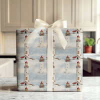 Coastal Nautical Holiday Gift Wrap, Snowy Lighthouse Christmas Wrapping Paper, Winter Wreath Wrapping Paper, Festive Wrapping Paper Roll