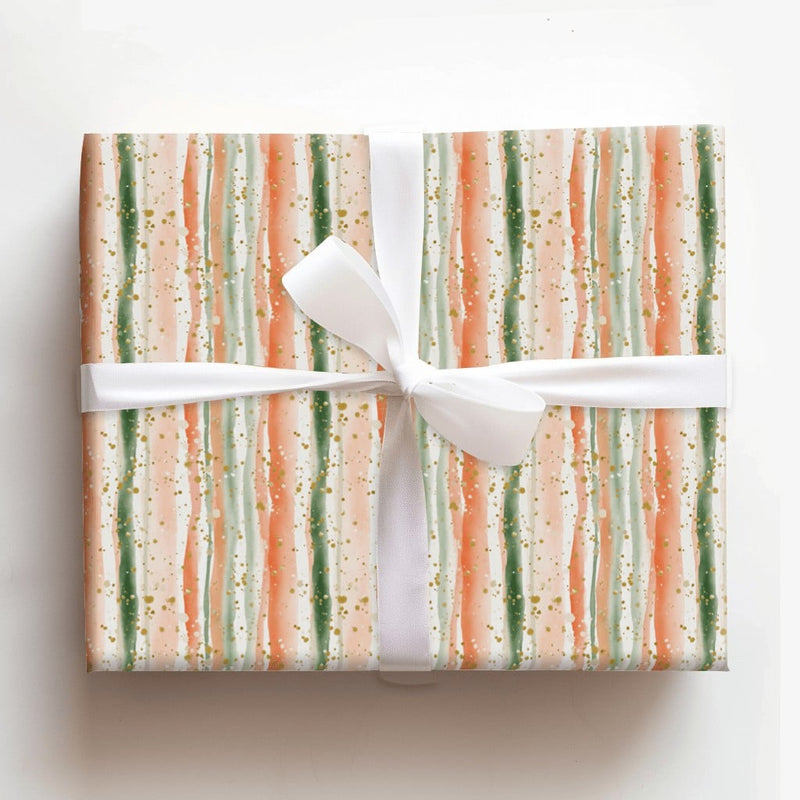 Coral and Green Holiday Gift Wrap, Watercolor Stripe Wrapping Paper, Modern Abstract Wrapping Paper, Artistic Christmas Wrapping Paper Roll