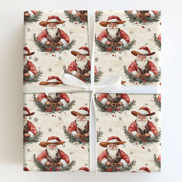 Watercolor Country Christmas Gift Wrap, Rustic Cowboy Santa Wrapping Paper, Western Santa Wreath Holiday Paper, Vintage Xmas 