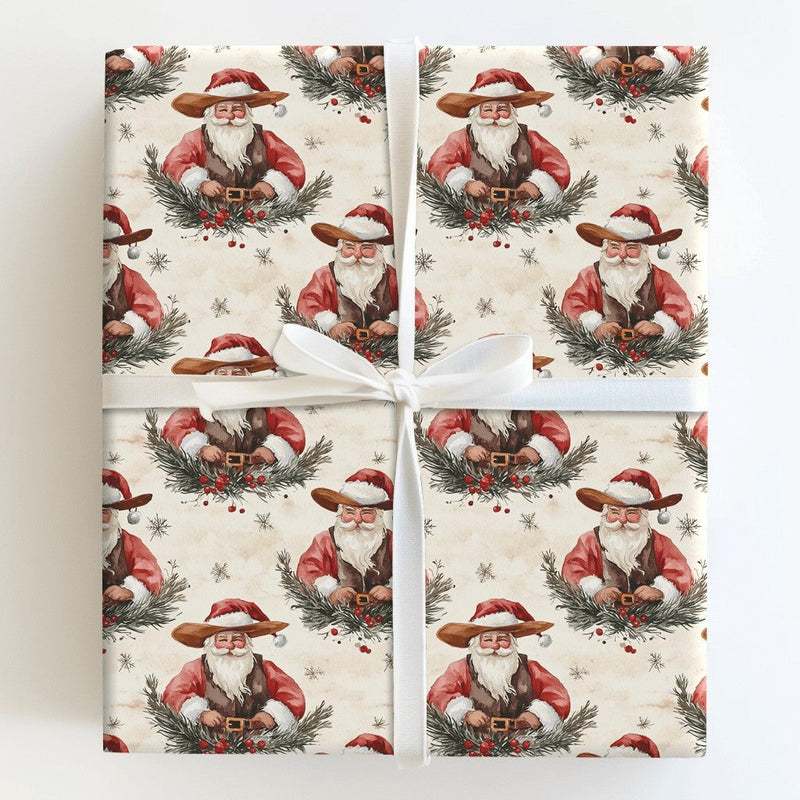 Watercolor Country Christmas Gift Wrap, Rustic Cowboy Santa Wrapping Paper, Western Santa Wreath Holiday Paper, Vintage Xmas Wrapping Roll