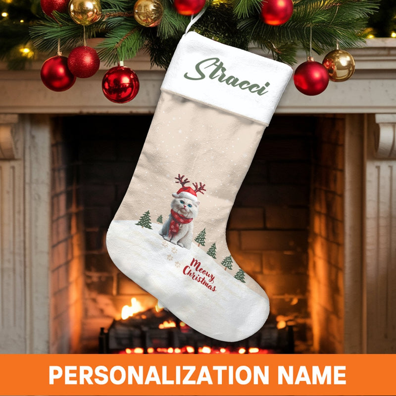 Custom Cat Christmas Stocking, Personalized Reindeer Cat Christmas Stocking, Adorable Pet Holiday Stocking, Velboa Fabric Xmas Stocking Decor