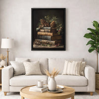 Christmas Book Still Life Canvas Art, Vintage Book Stack Wall Art, Dark Academia Holiday Wall Art Print, Holly Berry Decor, Digital Download