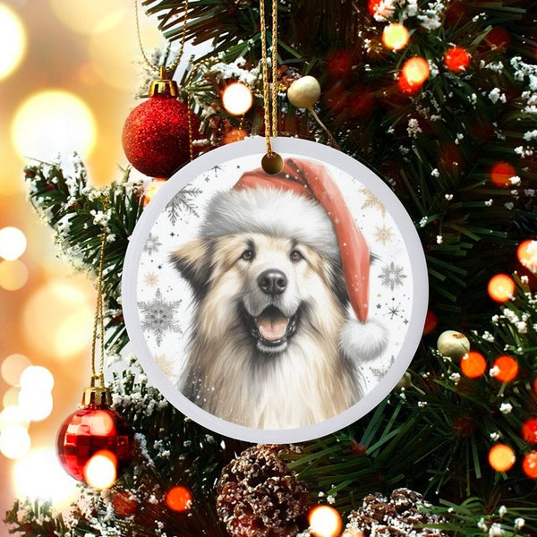 Santa Hat Dog Ceramic Tree Ornament, Great Pyrenees Christmas Ornament, Winter Pet Keepsake, Festive Xmas Dog Lover Circle Or