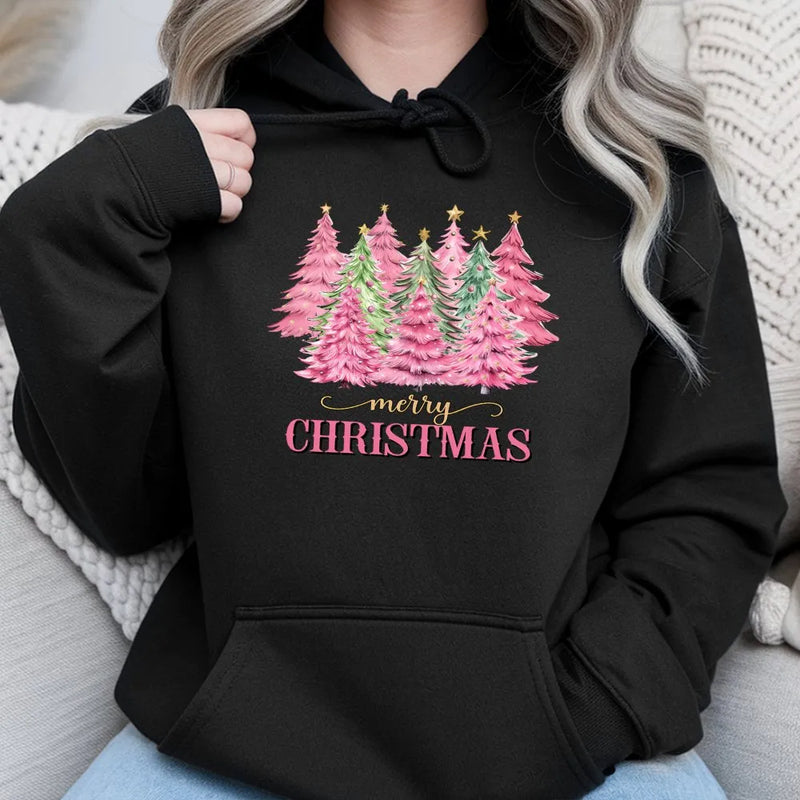Aesthetic Pine Trees Hooded Sweatshirt, Pink Christmas Tree Hoodie, Adorable Pink Holiday Tree Hoodie, Festive Tree Pullover, Xmas Present for Her