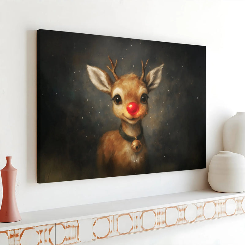 Glowing Nose Christmas Canvas Print, Red Nosed Reindeer Canvas Wall Art, Holiday Winter Wall Art, Adorable Festive Animal Canvas Room Decor
