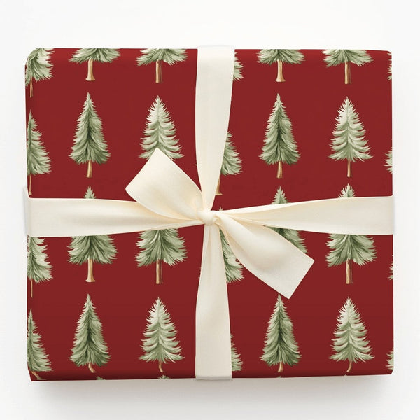 Rustic Red Christmas Gift Wrap, Watercolor Pine Tree Wrapping Paper, Deep Red Winter Forest Wrapping Paper, Festive Holiday W