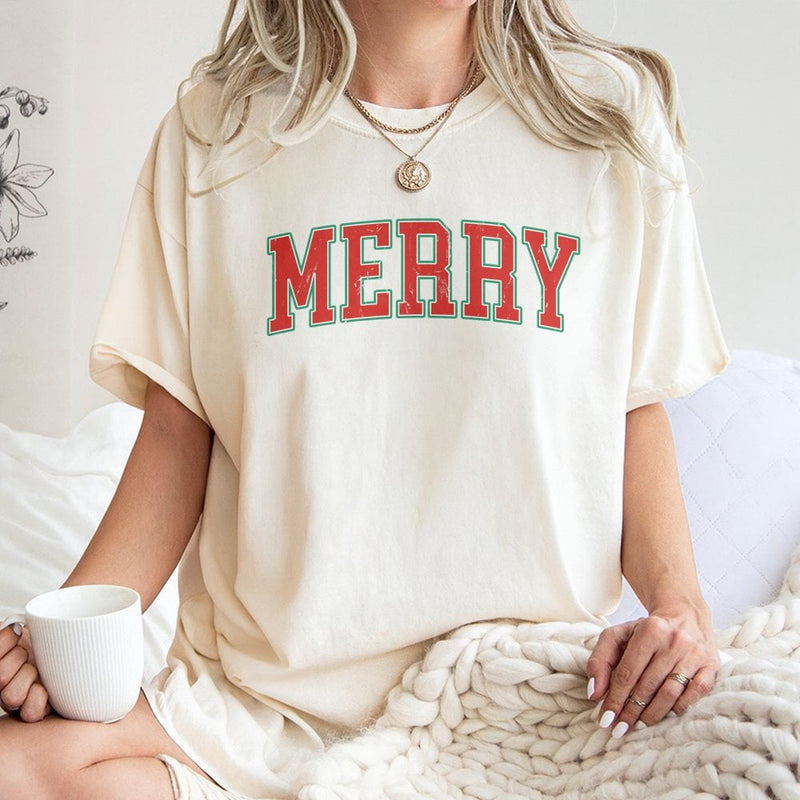 Retro Varsity Lettering T-Shirt, Merry Christmas Shirt, Vintage Holiday Graphic Tee, Festive Xmas Collegiate Shirt, Winter Christmas Present
