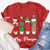 Custom Name Holiday School Graphic Tee, Personalized Christmas Pencils T-Shirt, Teacher and Student Festive Xmas Shirt
