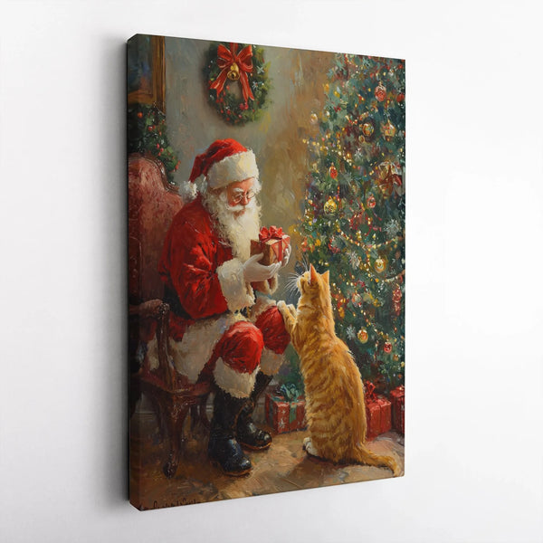 Retro Holiday Painting Canvas Print, Vintage Santa Claus and Cat Canvas Wall Art, Festive Christmas Wall Decor, Comfy Winter 