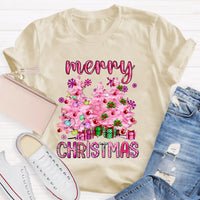 Festive Holiday Graphic T-Shirt, Pink Tree Christmas Teacher Shirt, Adorable Teacher Christmas Tee, Winter School Vacation Teacher Present