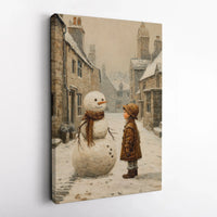 Winter Village Scene Canvas Print, Vintage Snowman Canvas Wall Art, Nostalgic Christmas Wall Art, Holiday Snowman Canvas, Winter Home Decor