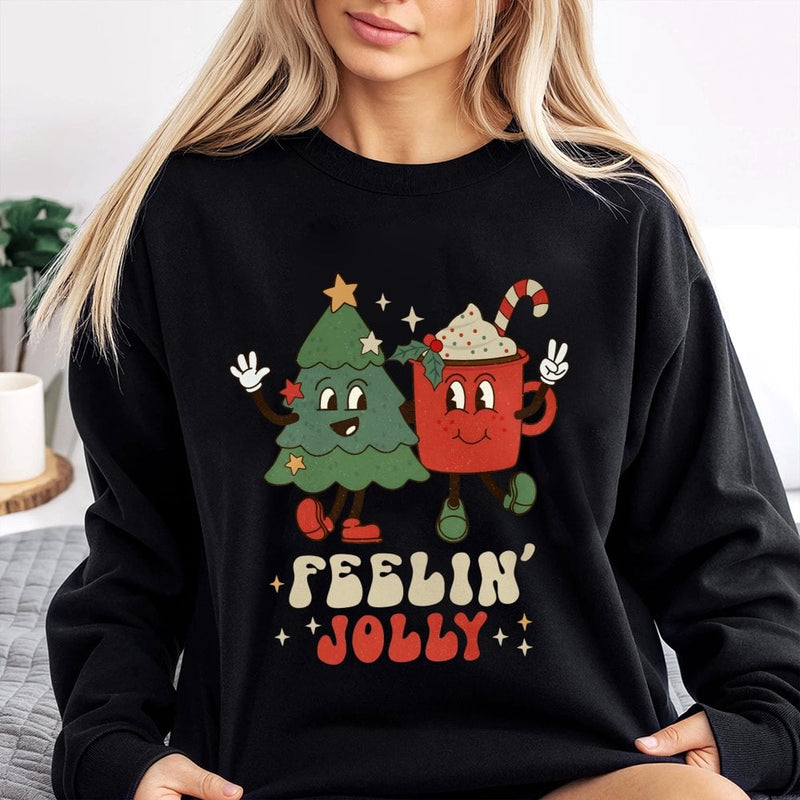 Retro Holiday Tree Sweatshirt, Feelin' Jolly Christmas Sweatshirt, Adorable Hot Cocoa Graphic Crewneck, Vintage Christmas Sweatshirt, Xmas Present
