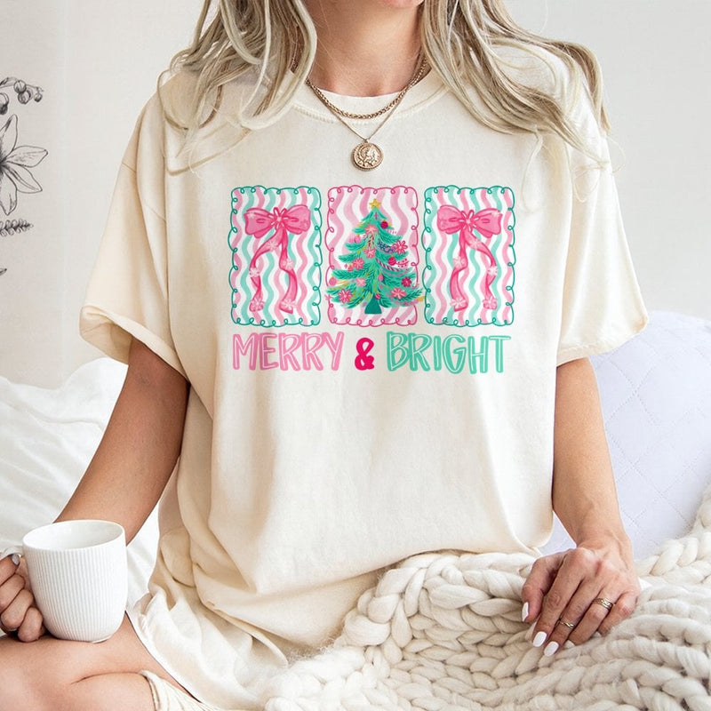 Merry and Bright Holiday T-Shirt, Pastel Christmas Tree Bows Shirt, Adorable Coquette Christmas Graphic Tee, Festive Holiday Tee, Xmas Present