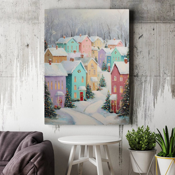 Snowy Pastel Town Winter Painting, Christmas Village Digital Canvas Print, Instant Download Vertical Wall Art, Holiday Home D