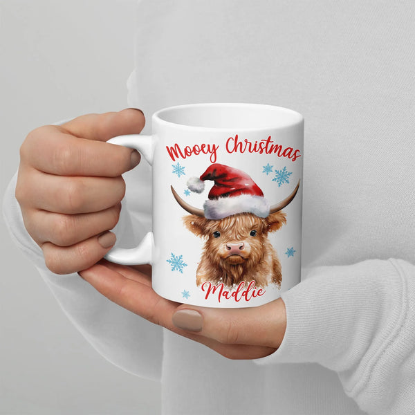 Watercolor Cow in Santa Hat Coffee Mug, Personalized Highland Cow Christmas Mug, Custom Name Holiday Ceramic Mug, Xmas Coffee