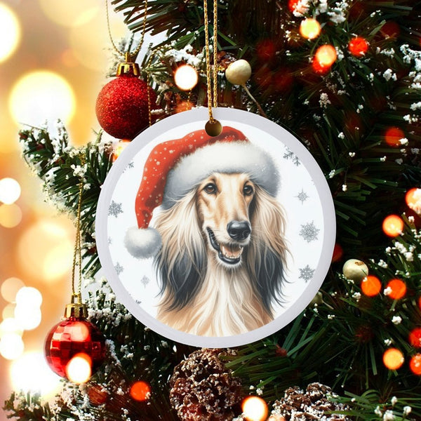 Elegant Dog Breed Ceramic Keepsake, Afghan Hound Santa Hat Christmas Ornament, Pet Holiday Tree Decor, Dog Lover Xmas Present