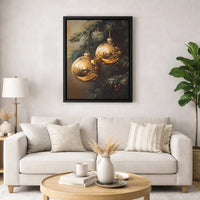Golden Christmas Ornaments Digital Wall Art | Vintage Pine Branch Oil Painting Style | High-Quality Printable Artwork | Elegant Holiday Home Decor Present