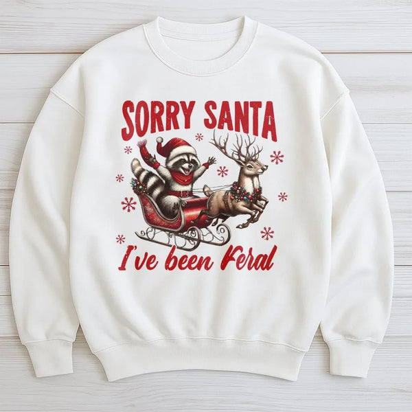 Humorous Trash Panda Ugly Sweater, Sorry Santa I've Been Feral Raccoon Sweatshirt, Adorable Holiday Raccoon Crewneck, Christm