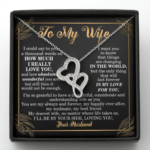 CZ Eternal Bond Heart Pendant, Double Heart Necklace for Wife, 14K White Gold Stainless Steel Necklace, Christmas Anniversary