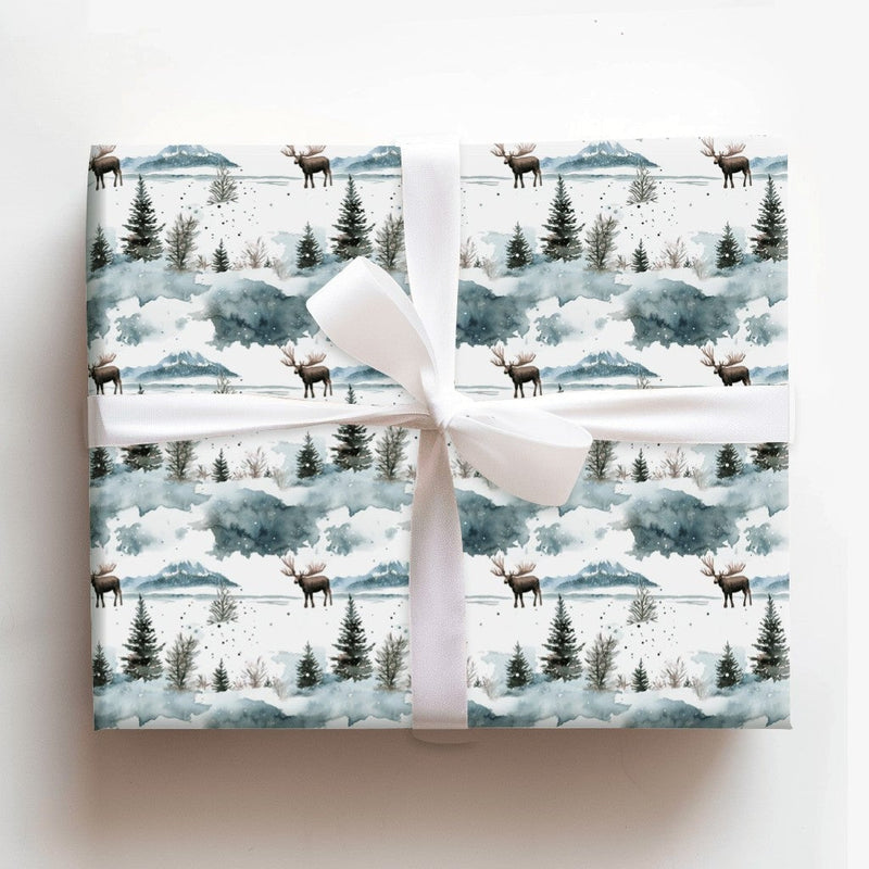 Winter Forest Gift Wrap, Watercolor Moose Wrapping Paper, Snowy Mountain Holiday Wrapping Paper, Rustic Christmas Gift Wrapping Paper