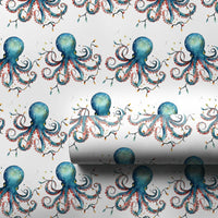 Coastal Christmas Gift Wrap, Watercolor Octopus Wrapping Paper, Ocean Holiday Wrapping Paper, Sea Life Gift Wrap, Holiday Present Roll