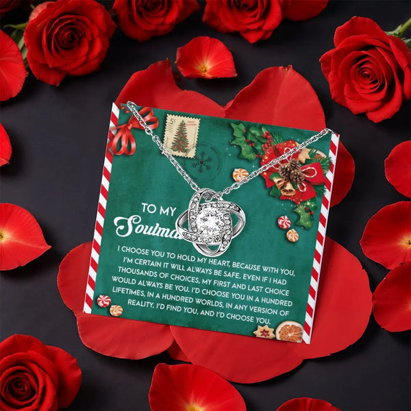 Christmas Knot Necklace for Her, Soulmate Love Knot Necklace, CZ Crystal Love Knot Necklace, Rotating Rose Jewelry Box
