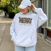 Festive Holiday Lettering Hooded Sweatshirt, Merry Christmas Leopard Hoodie, Adorable Xmas Leopard Pullover Hoodie, Winter Holiday Party Hoodie